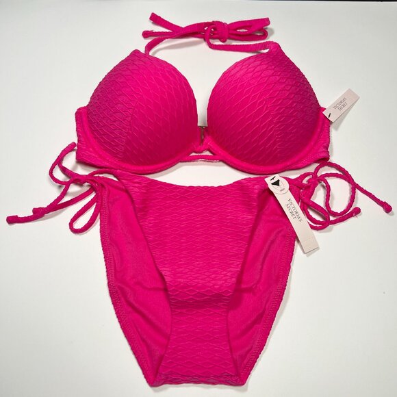 Victoria Secret 34B S Bombshell Push Up Bikini Top Bottom Set Textured Pink - Picture 1 of 9